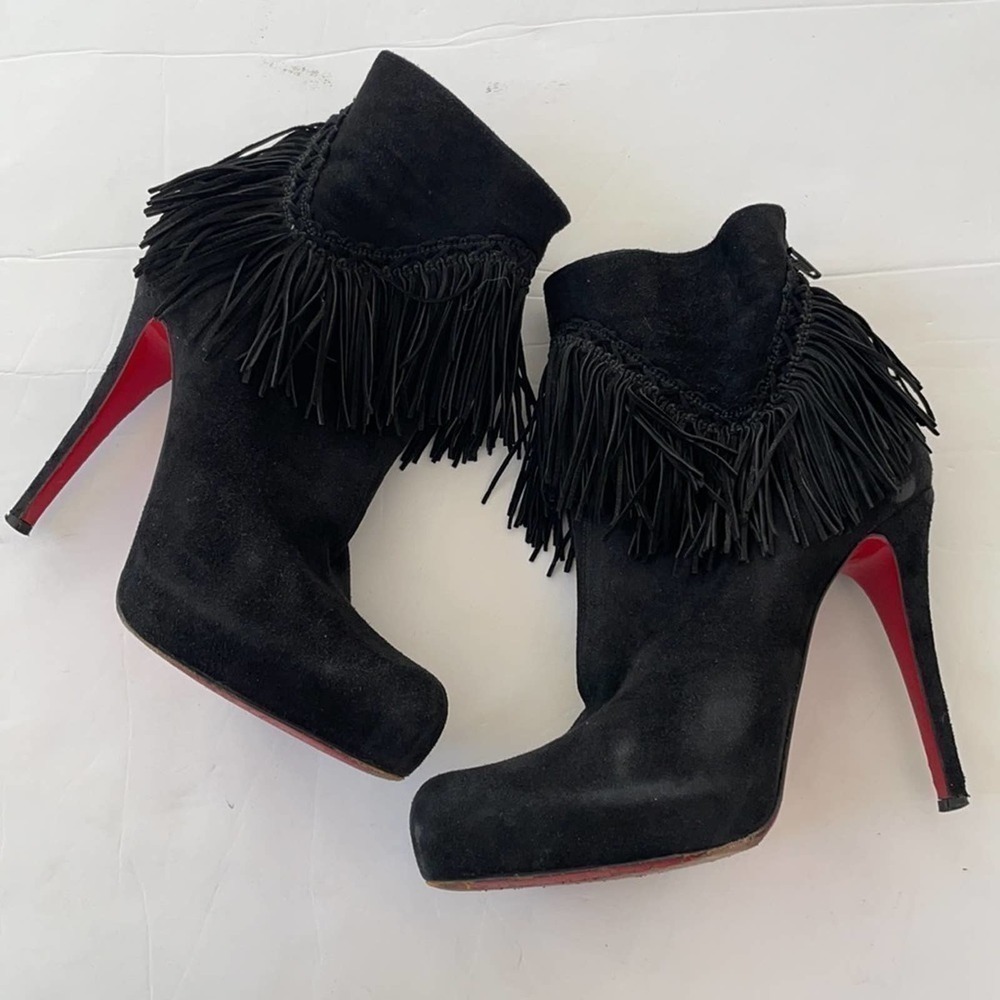 Christian Louboutin Black Suede leather Ron Fringe ankle booties 39 - Picture 2 of 10